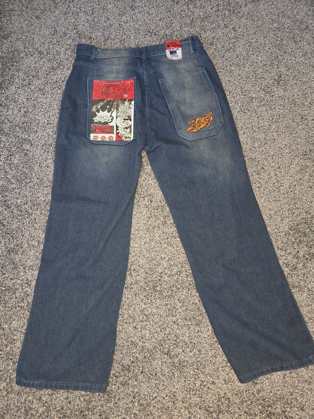 JNCO Inspired Blue Denim Jeans Embroidered Patch Graphic Back Pockets